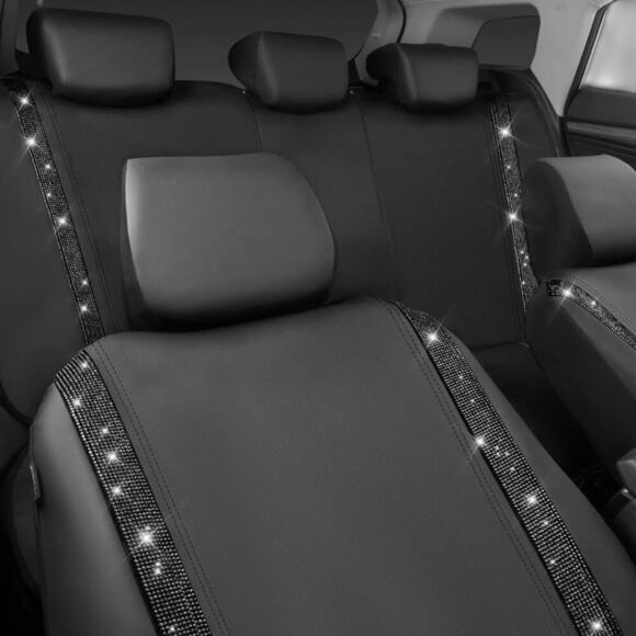CAR PASS Black Diamond Leather Bling/Rhinestone  Car Seat Cover Full Set | NEW - Picture 4 of 11